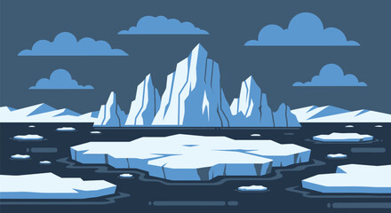 Majestic icebergs float in a vast, cold ocean under a cloudy sky.