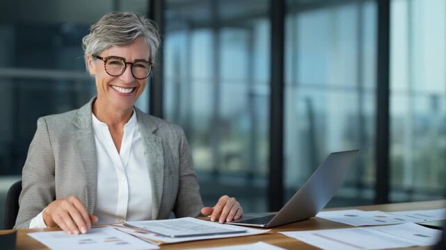 Businesswoman: A portrait of a composed and confident woman in a professional environment, radiating competence and experience as she works on her laptop.