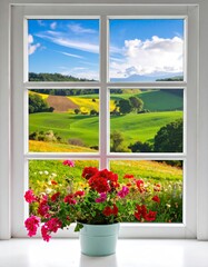 Window to a Vibrant Landscape - Flowers and Rolling Hills.