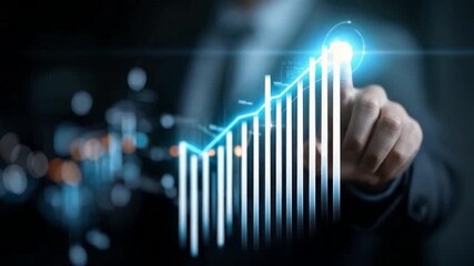 Economic Ascent: An authoritative figure, a symbol of strategic insight, interacts with a luminous, ascending graph, representing growth, success, and prosperity in a vibrant visual metaphor.