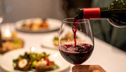 Close-up of a person pouring red wine into a glass, with appetizers in the background. 