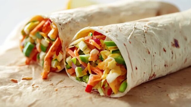 a wrap cut in half, revealing a colorful vegetable salad inside, created with generative ai