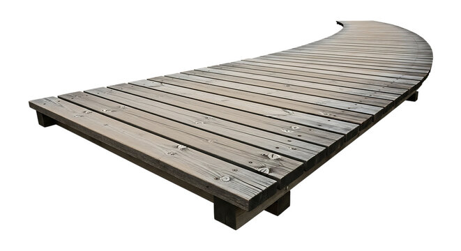 Weathered wooden boardwalk curving to the right with visible wood grain and knots isolated on a transparent background - Powered by Adobe