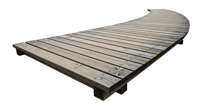 Weathered wooden boardwalk curving to the right with visible wood grain and knots isolated on a transparent background