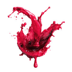 Vibrant red fluid splash with droplets against a stark black backdrop