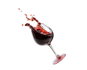 Wine splash in a clear glass, isolated on a stark black backdrop
