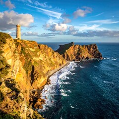 Dramatic Coastal Scenery - Lighthouse on Rugged Cliffs Overlooking the Atlantic Ocean.