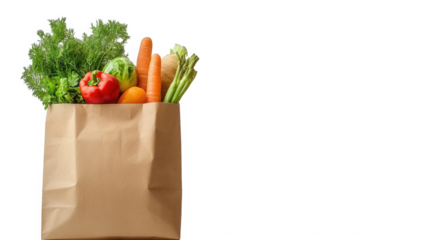 Fresh vegetables spilling from a brown paper grocery bag against a on transparent background