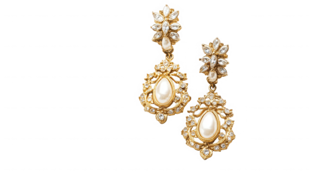 Elegant gold earrings with pearls and crystals for jewelry ads on transparent background