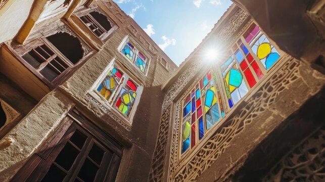 Yemeni Tower House - Stained Glass & Gypsum: A traditional Yemeni tower house in Sana'a, intricate gypsum plasterwork (qadad) around stained glass ( &agrave;&curren;&bull;&agrave;&curren;&reg;&agrave;&curren;&deg;&Ugrave;&Scaron;&Oslash;&copy; ) windows that project colorful
