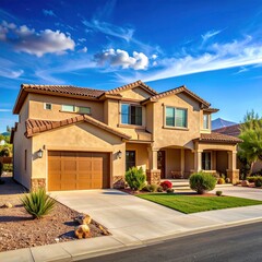 Elegant Two-Story Home with Desert Landscaping and Blue Sky.