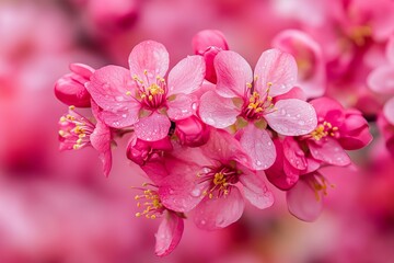 Close-up of vibrant pink blossoms, water droplets