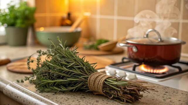 Aromatic rosemary herb bundle on kitchen counter near cooking pot and steam on gas stove in cozy rustic home with warm light for meal prep