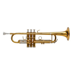 Obraz premium Shiny Gold Brass Trumpet with Silver Valves and Bell Detail isolated on a transparent background brass instrument