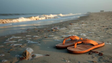 Flip flop on sand beach at sunrise, calm summer mood along quiet shore with ocean wave foam, sandy shore travel relaxation scene - Powered by Adobe
