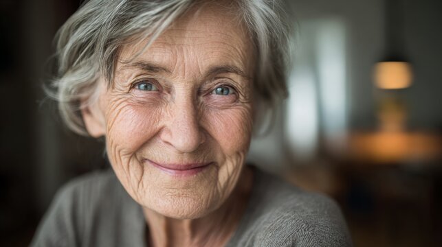 Joyful elderly woman with short gray hair smiling warmly at the camera in a cozy indoor atmosphere, showcasing happiness and contentment in later life.