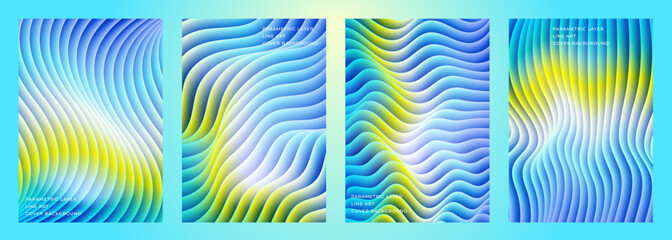 abstract parametric pattern layered line art yellow blue river cover poster background design set, for cover, brochure, flyer, magazine, poster, etc.