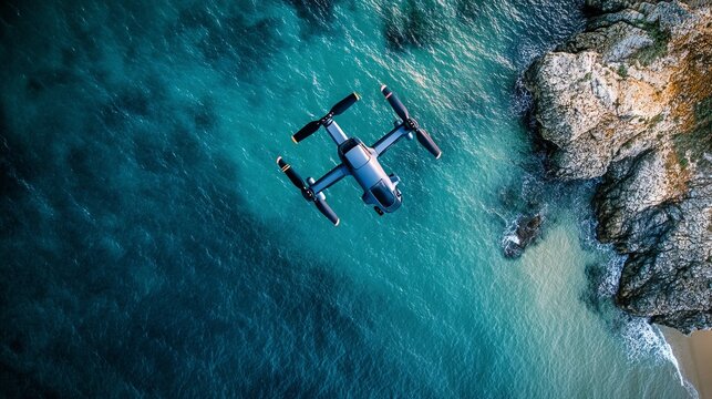 Drone hovers above turquoise ocean, near rocky shore
