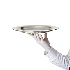 Elegant hand serving food on silver platter isolated