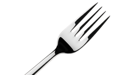 Polished Silver Metal Four Tined Dinner Fork Close Up isolated on a transparent background utensil cutlery