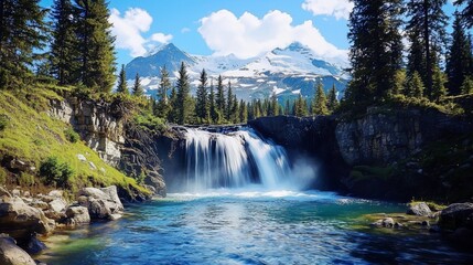 Fototapeta premium Tranquil scenery featuring a waterfall and towering trees.