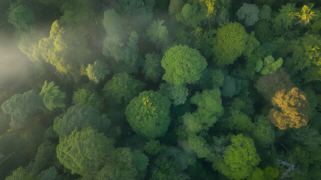 Aerial view of a dense, lush green forest canopy with soft morning mist rolling in from the side
