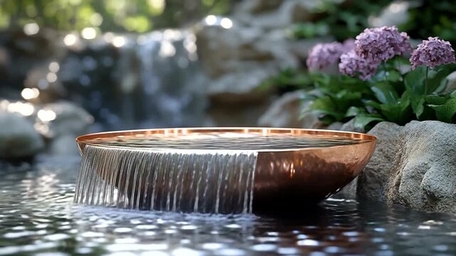 Copper bowl cascading water in serene garden setting
