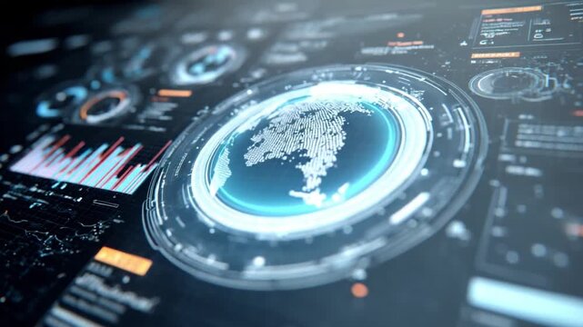 Cybernetic Interface: Intricate display showcases a digital globe within a futuristic interface, reflecting the cutting edge of technological evolution and data visualization.