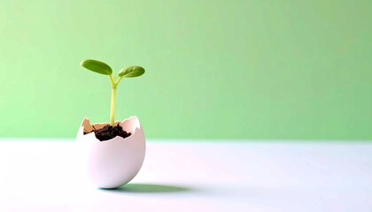 New life emerging from a cracked white eggshell, green sprout growing from soil against a bright spring green background, concept of growth, fragility, nature, and new beginnings