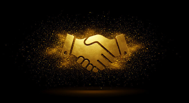 Sparkling golden handshake representing a successful and prosperous business deal, symbolizing mutual trust, strategic agreement, and strong collaboration between partners