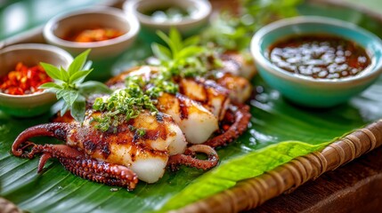 Grilled seafood platter featuring perfectly cooked squid with vibrant sauces and fresh herbs served on a banana leaf for a tropical culinary experience
