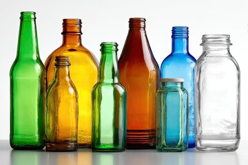 Collection of diverse empty glass bottles, displaying varied shapes, sizes, and colors