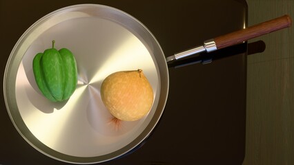an onion with peel and a pepper on the stainless  steel skillet created by 3D modeling.
