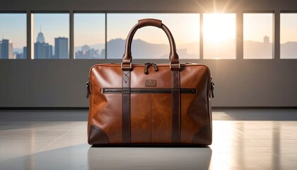 Elegant Brown Leather Duffle Bag in Modern Minimalist Setting.