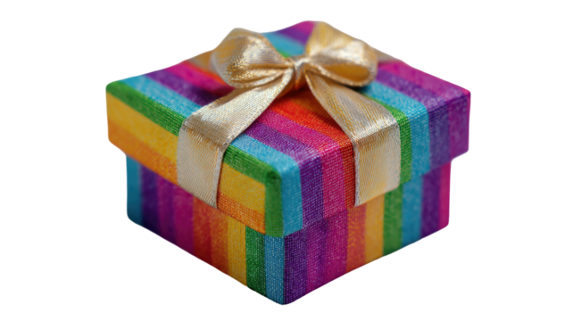 Striped rainbow box topped with gold ribbon; isolated, neutral