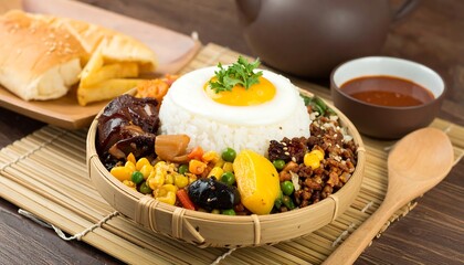 Delicious Asianfusion rice bowl with egg with vegetables, and sides, and wooden table.