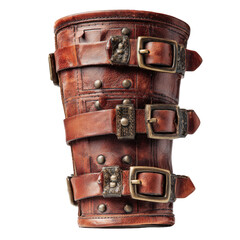 Leather arm guard with buckles, adorned with detailed metal accents