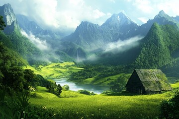 Lush valley with mountains, a river, and a small cabin