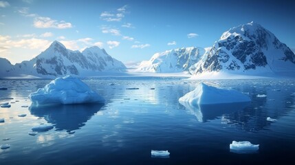 Stunning icebergs showcasing nature's beauty against a mountainous backdrop.