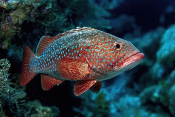 Vivid red fish with iridescent blue spots swims amongst coral in the deep ocean