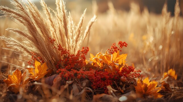 Elegant autumn still life with pumpkin, pampas grass, and fall flowers in warm tones