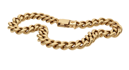 Thick gold curb chain bracelet with a secure clasp and engraved detail isolated on a transparent background