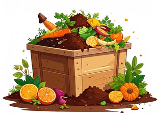 Vibrant Compost Bin Illustration with Fruits and Vegetables.
