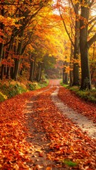 Autumnal Path - A Serene Walk Through a Forest of Golden Leaves.