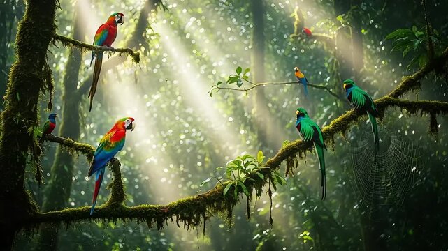 Vibrant Macaws and Exotic Tropical Birds Flourish in a Sunlit Rainforest Canopy, with Golden Light Illuminating Their Perches Amidst Dense, Lush Jungle Foliage