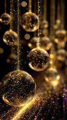 Holiday background with magical trail of sparkles flying through the air, transforming into a Christmas ornament, vertical banner, copy space