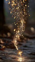 Holiday background with magical trail of sparkles flying through the air, transforming into a Christmas ornament, vertical banner, copy space