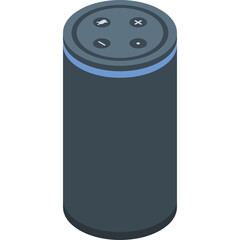 Pixel Art Smart Speaker Cylinder With Four Buttons On Top In Dark Gray With Blue Ring Detail Isolated On White Background.