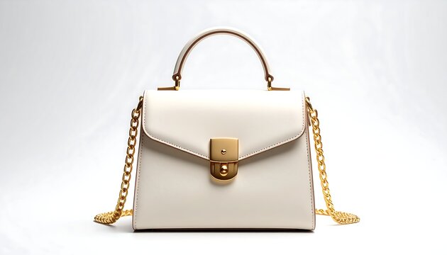 Chic white handbag with gold chain straps and a top handle, isolated