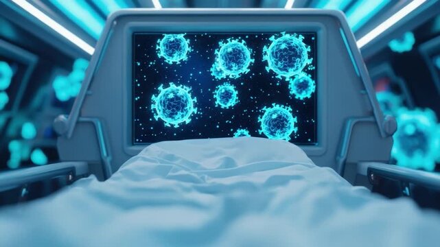 Futuristic hospital room with medical equipment and digital display illustrating viruses and pathogens in vivid colors 4k video footage
